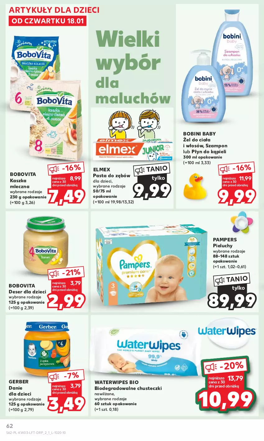 Gazetka promocyjna Kaufland - Gazetka tygodnia - ważna 18.01 do 24.01.2024 - strona 62 - produkty: BoboVita, Chusteczki, Danie dla dzieci, Deser, Dzieci, Elmex, Gerber, Gra, Pampers, Pasta do zębów, Pieluchy, Płyn do kąpieli, Ser, Szampon