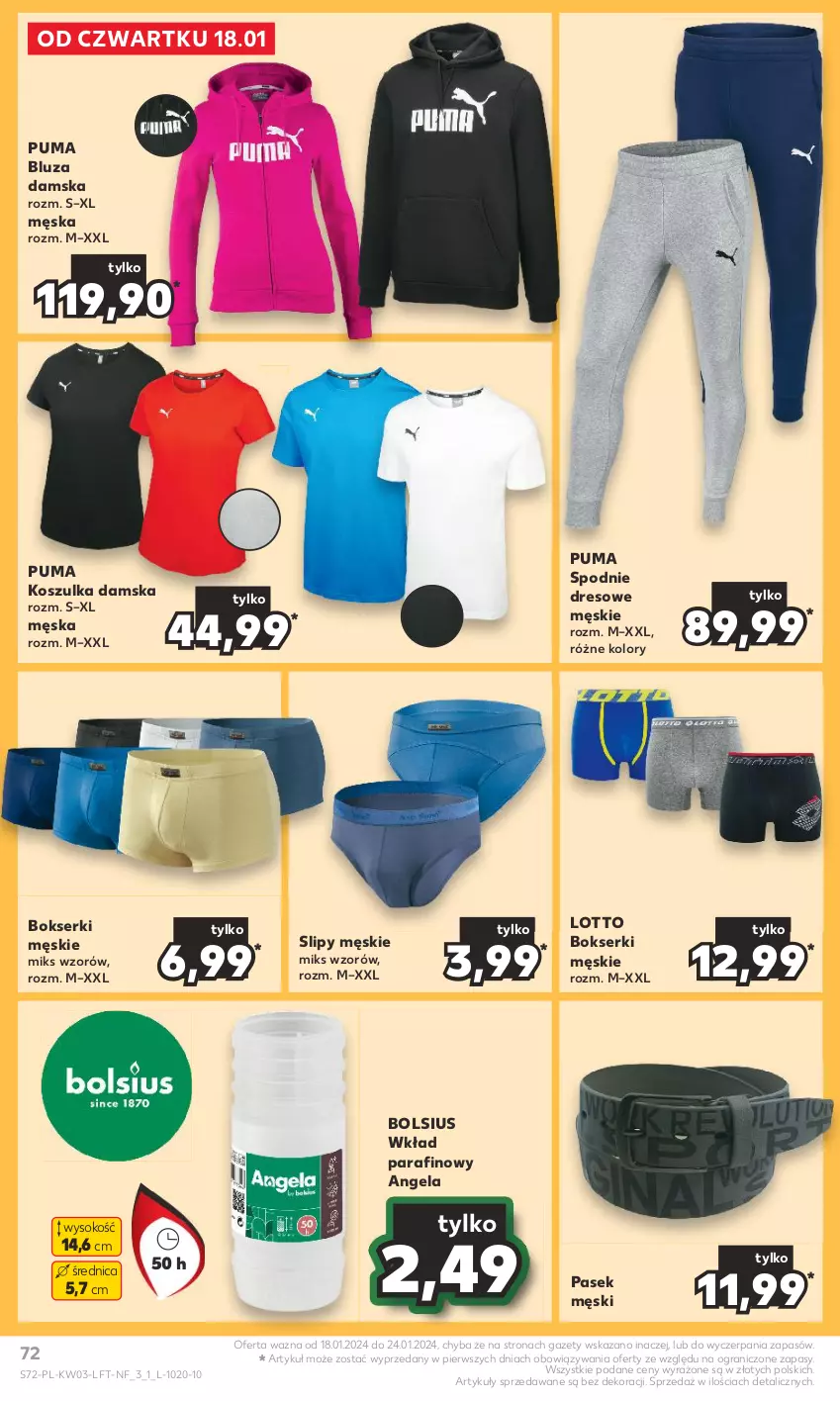 Gazetka promocyjna Kaufland - Gazetka tygodnia - ważna 18.01 do 24.01.2024 - strona 72 - produkty: Bluza, Bokserki, Bols, Bolsius, Dres, Gra, Kosz, Koszulka, Pasek, Pasek męski, Puma, Ser, Slipy, Sok, Spodnie, Spodnie dresowe