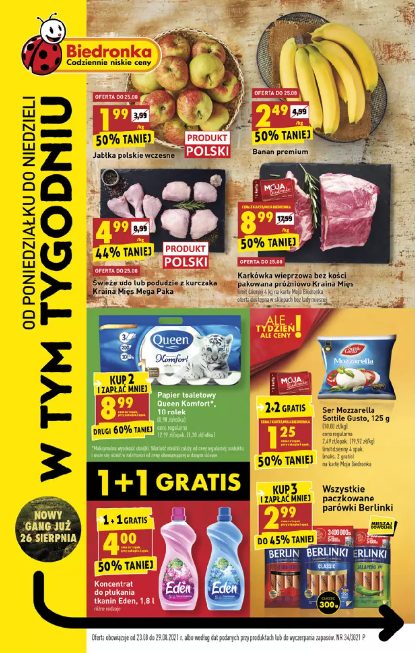 Gazetka promocyjna Biedronka - W tym tygodniu - ważna 23.08 do 29.08.2021 - strona 1 - produkty: Berlinki, Dron, Gra, Karkówka wieprzowa, Koc, Kurczak, Mozzarella, Papier, Papier toaletowy, Podudzie z kurczaka, Ser