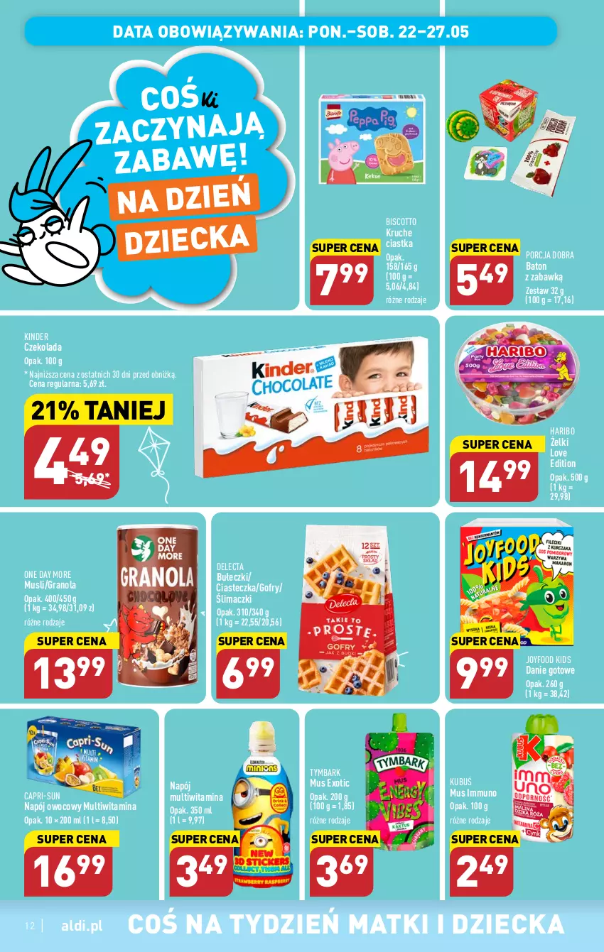 Gazetka promocyjna Aldi - Pełen katalog - ważna 22.05 do 27.05.2023 - strona 12 - produkty: Baton, Bułeczki, Ciastka, Czekolada, Danie gotowe, Delecta, Gofry, Gra, Granola, Haribo, Kinder, Kubuś, Mus, Napój, Por, Tymbark