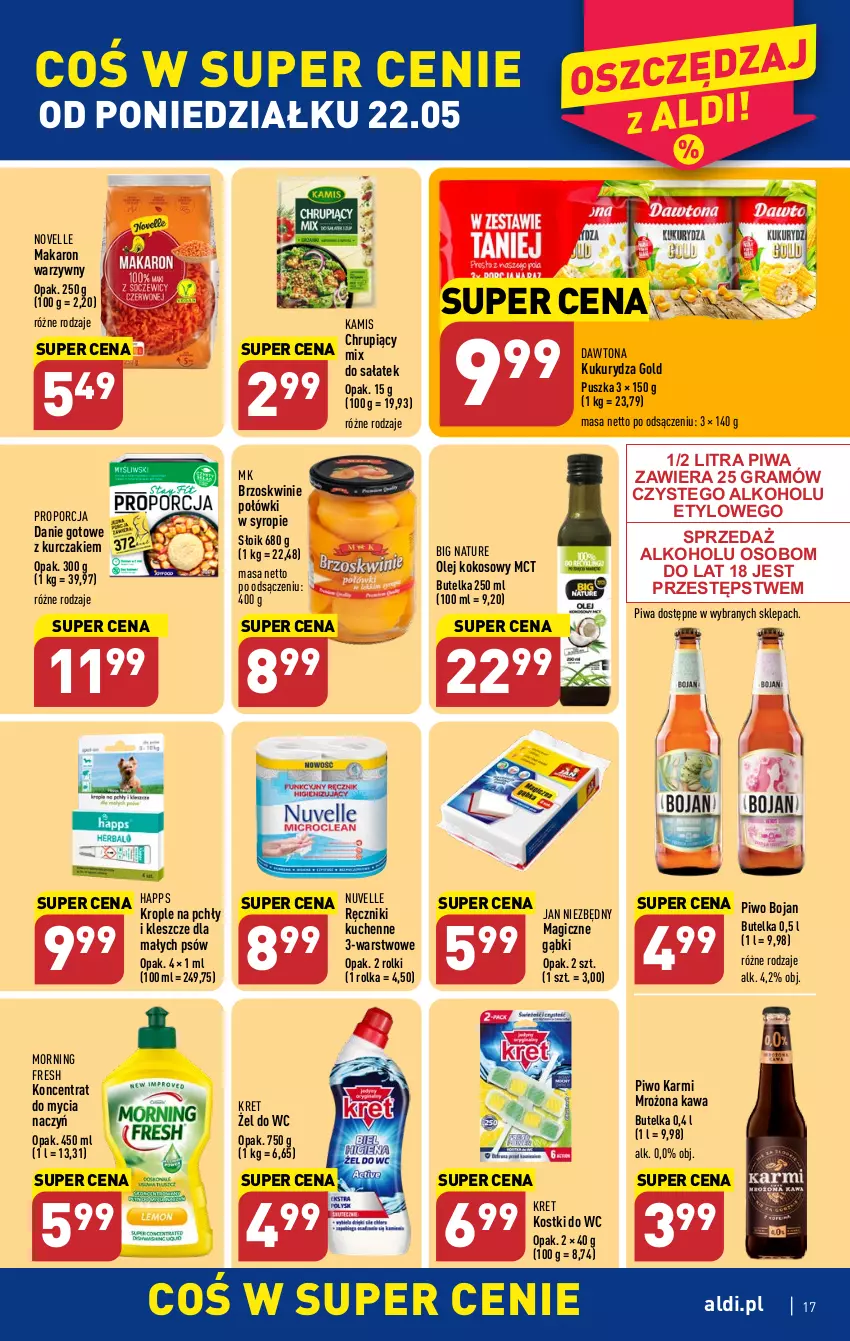 Gazetka promocyjna Aldi - Pełen katalog - ważna 22.05 do 27.05.2023 - strona 17 - produkty: Brzoskwinie, Danie gotowe, Dawtona, Do mycia naczyń, Gra, Jan Niezbędny, Kamis, Karmi, Kawa, Kokos, Koncentrat do mycia naczyń, Kret, Kukurydza, Kurczak, Makaron, Olej, Olej kokosowy, Piwa, Piwo, Por, Ręcznik, Rolki, Sałat, Syrop