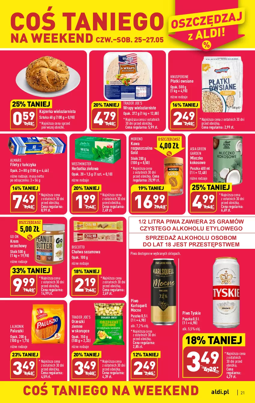 Gazetka promocyjna Aldi - Pełen katalog - ważna 22.05 do 27.05.2023 - strona 21 - produkty: Chałwa, Gra, Kajzerka, Karlsquell, Kawa, Kawa rozpuszczalna, Kokos, Krem orzechowy, Lajkonik, Mleczko, Orzeszki, Orzeszki ziemne, Piwa, Piwo, Płatki owsiane, Sezam, Tuńczyk, Tyskie