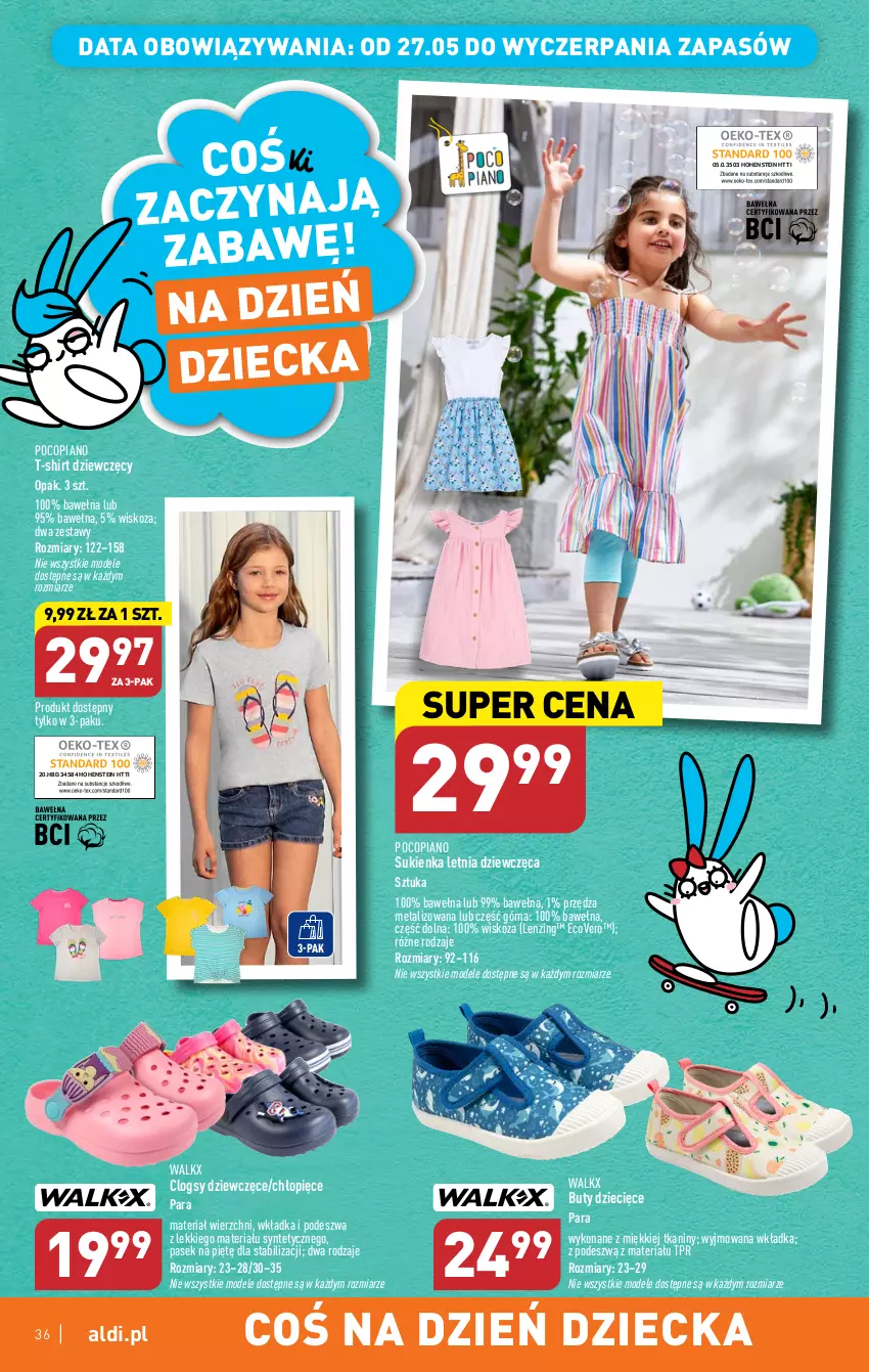 Gazetka promocyjna Aldi - Pełen katalog - ważna 22.05 do 27.05.2023 - strona 36 - produkty: Buty, Clogsy, Dzieci, Pasek, Pocopiano, Sukienka, T-shirt, Wełna