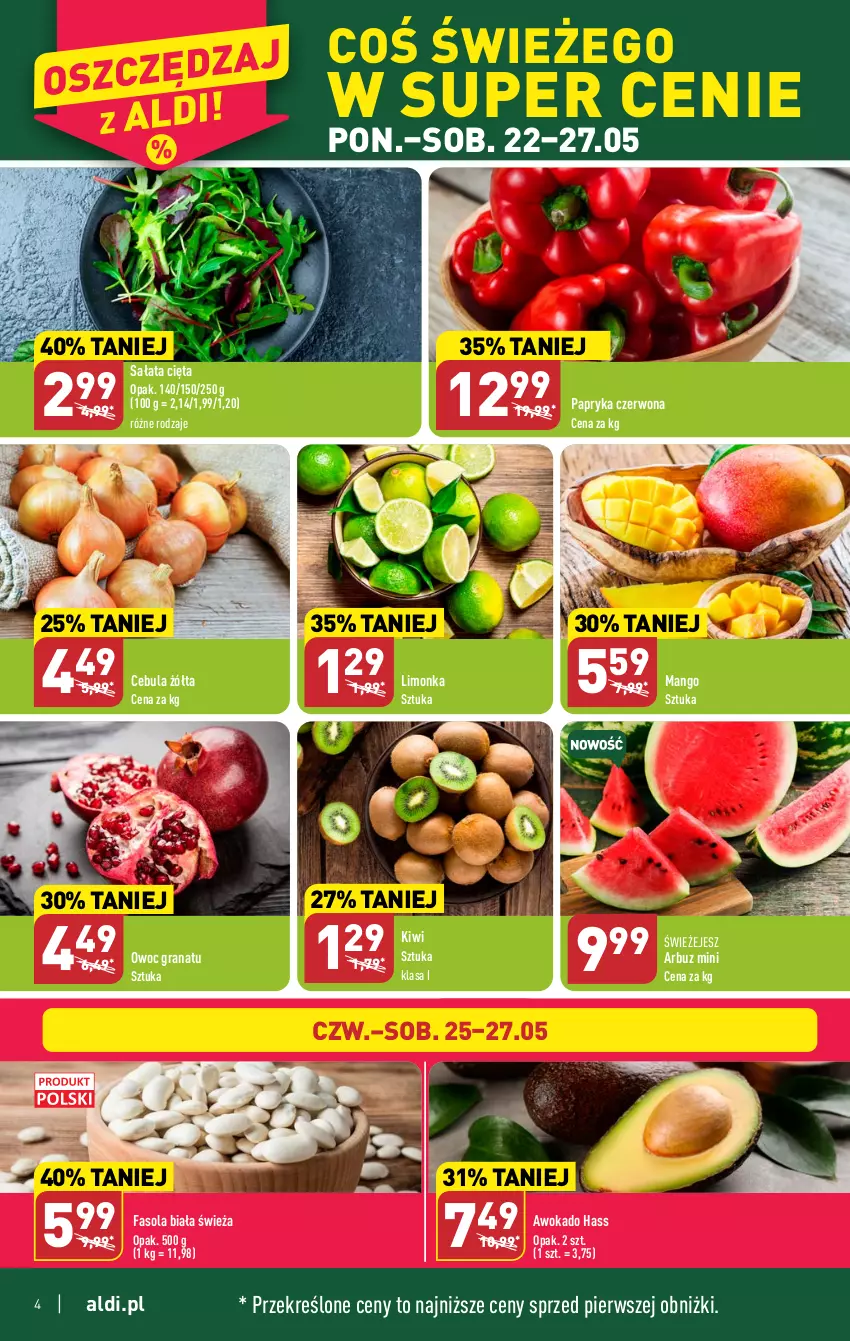 Gazetka promocyjna Aldi - Pełen katalog - ważna 22.05 do 27.05.2023 - strona 4 - produkty: Arbuz, Cebula, Fa, Fasola, Gra, Granat, Kiwi, Limonka, Mango, Papryka, Papryka czerwona, Sałat