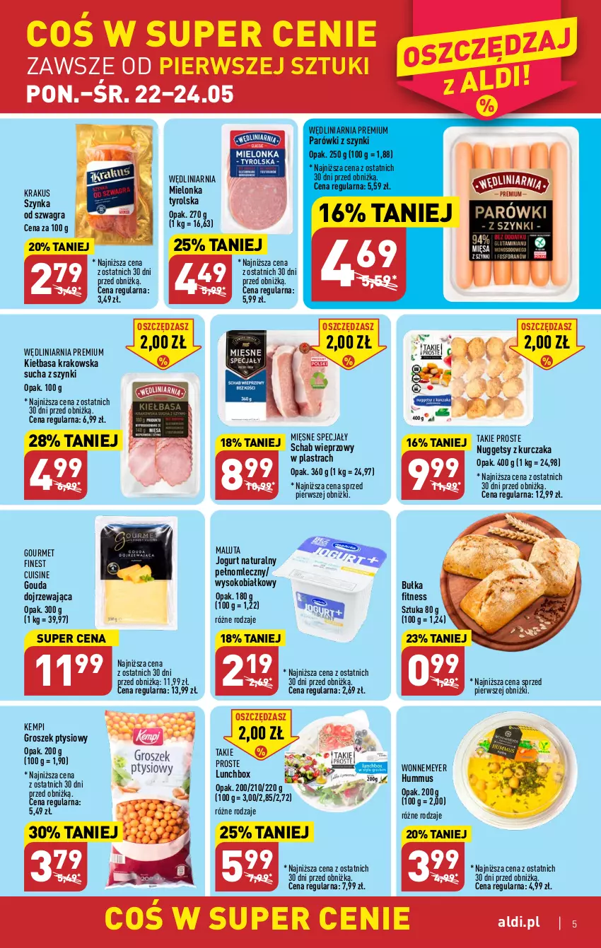 Gazetka promocyjna Aldi - Pełen katalog - ważna 22.05 do 27.05.2023 - strona 5 - produkty: Bułka, Bułka fitness, Gouda, Gra, Groszek, Groszek ptysiowy, Hummus, Jogurt, Jogurt naturalny, Kiełbasa, Kiełbasa krakowska, Krakus, Kurczak, Mielonka tyrolska, Mięsne specjały, Mus, Parówki, Parówki z szynki, Schab wieprzowy, Sok, Szynka