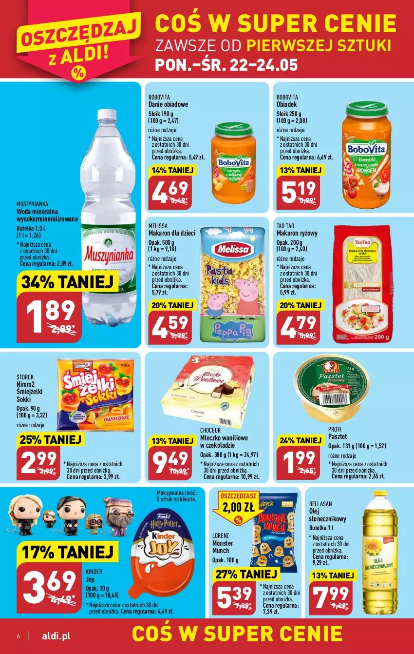 Gazetka promocyjna Aldi - Pełen katalog - ważna 22.05 do 27.05.2023 - strona 6 - produkty: Bell, Bella, BoboVita, Dzieci, Kinder, Lorenz, Makaron, Makaron ryżowy, Mleczko, Monster Munch, Mus, Muszynianka, Nimm2, Olej, Olej słonecznikowy, Pasztet, Ryż, Sok, Woda, Woda mineralna