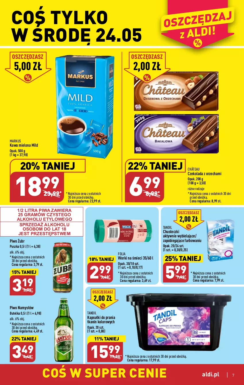 Gazetka promocyjna Aldi - Pełen katalog - ważna 22.05 do 27.05.2023 - strona 7 - produkty: Chusteczki, Czekolada, Fa, Gra, Kapsułki do prania, Kawa, Kawa mielona, Namysłów, Piwa, Piwo, Worki na śmiec, Worki na śmieci