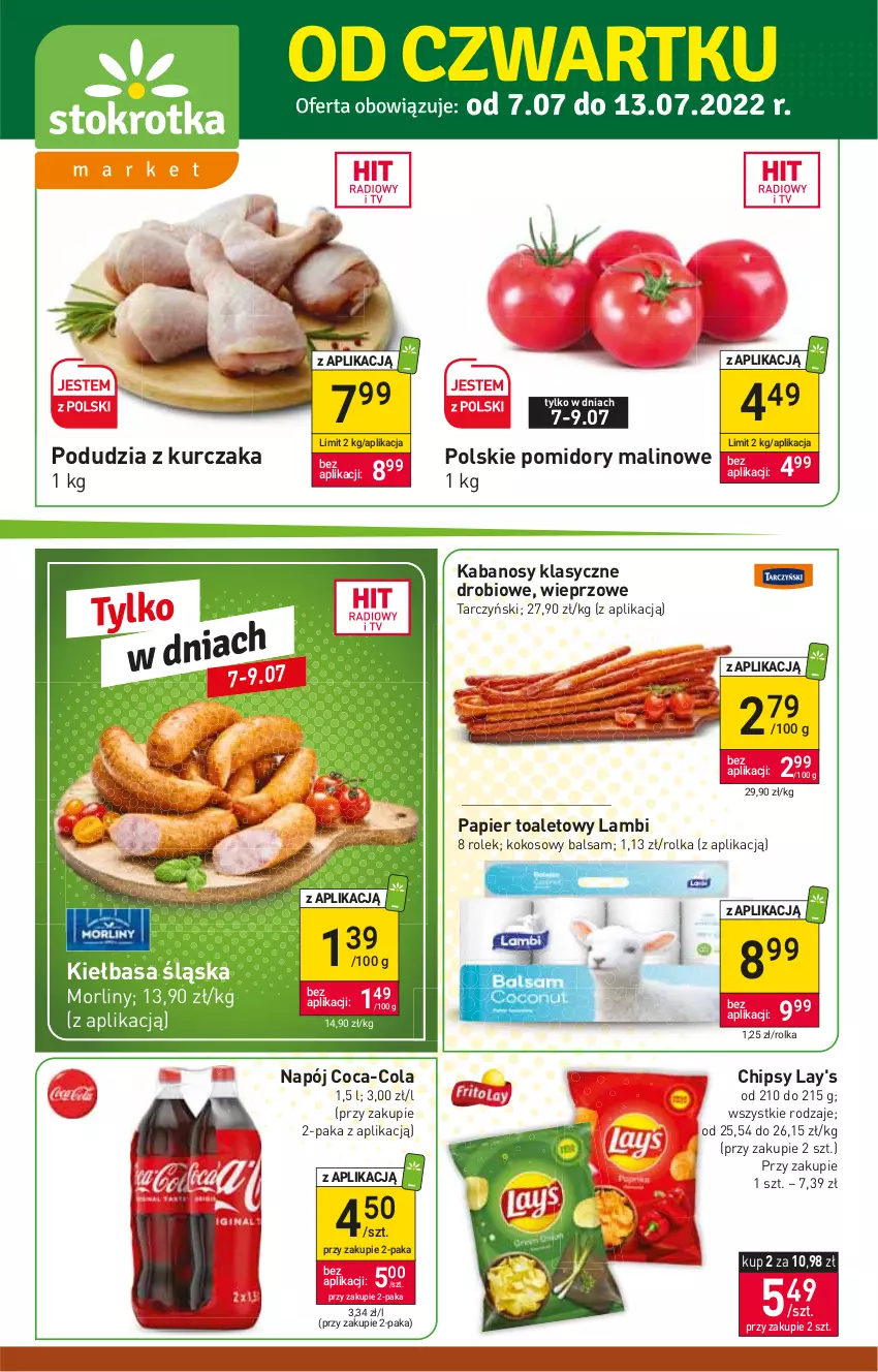 Gazetka promocyjna Stokrotka - Market - ważna 07.07 do 13.07.2022 - strona 1 - produkty: Chipsy, Coca-Cola, Kabanos, Kiełbasa, Kiełbasa śląska, Kokos, Kurczak, Morliny, Napój, Papier, Papier toaletowy, Pomidory, Tarczyński