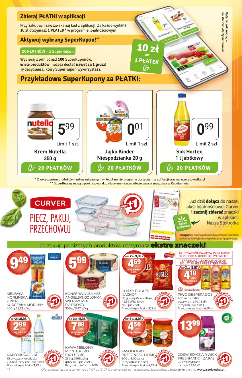 Gazetka promocyjna Stokrotka - Market - ważna 07.07 do 13.07.2022 - strona 10 - produkty: Air Wick, Chipsy, Desperados, Fa, Golonka wieprzowa, Gra, Hortex, HP, Kawa, Kawa mielona, Kiełbasa, Kinder, Kurczak, Monte, Morliny, Napój, Nutella, Piwa, Piwo, Ser, Sok