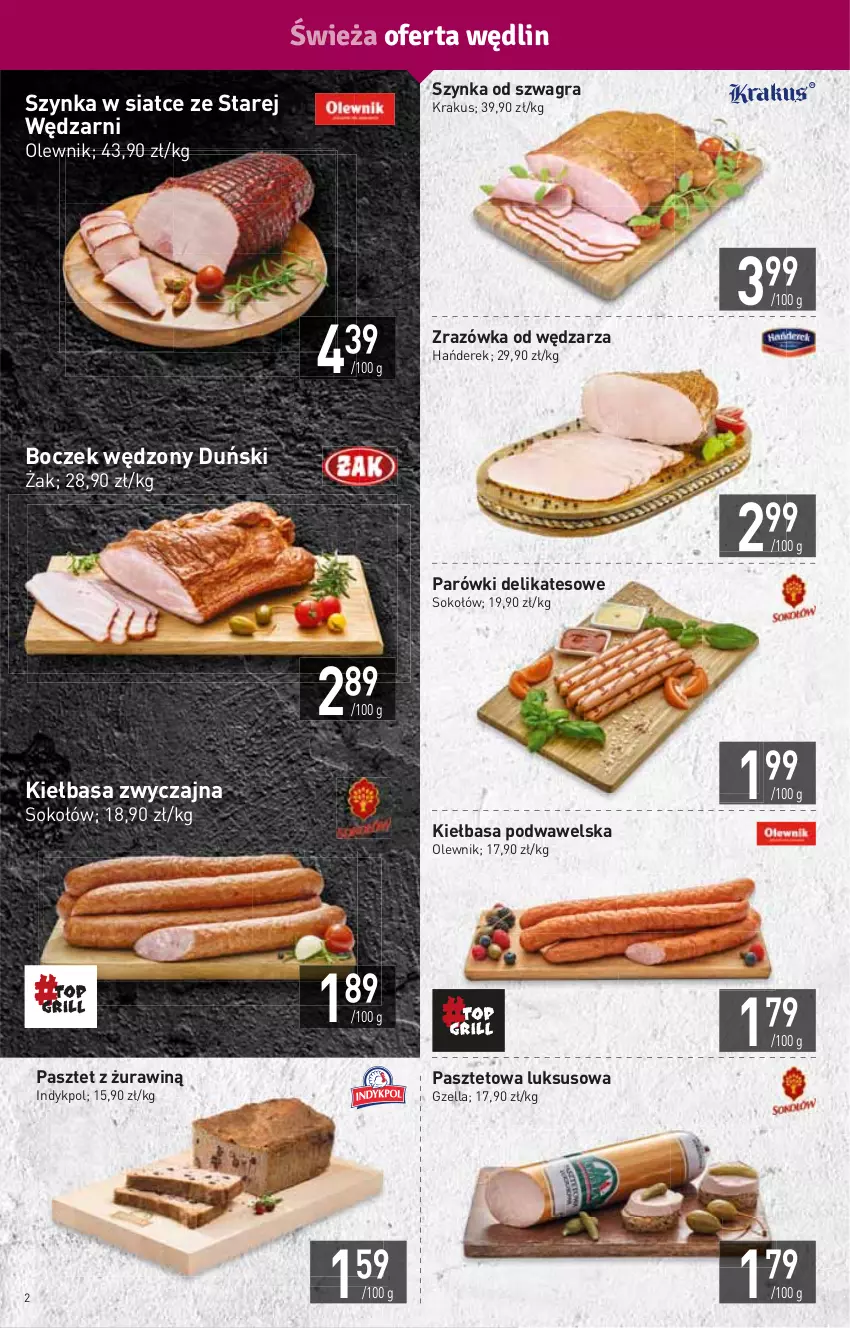 Gazetka promocyjna Stokrotka - Market - ważna 07.07 do 13.07.2022 - strona 2 - produkty: Boczek, Gra, HP, Kiełbasa, Kiełbasa podwawelska, Krakus, Olewnik, Parówki, Pasztet, Sok, Sokołów, Szynka, Wawel