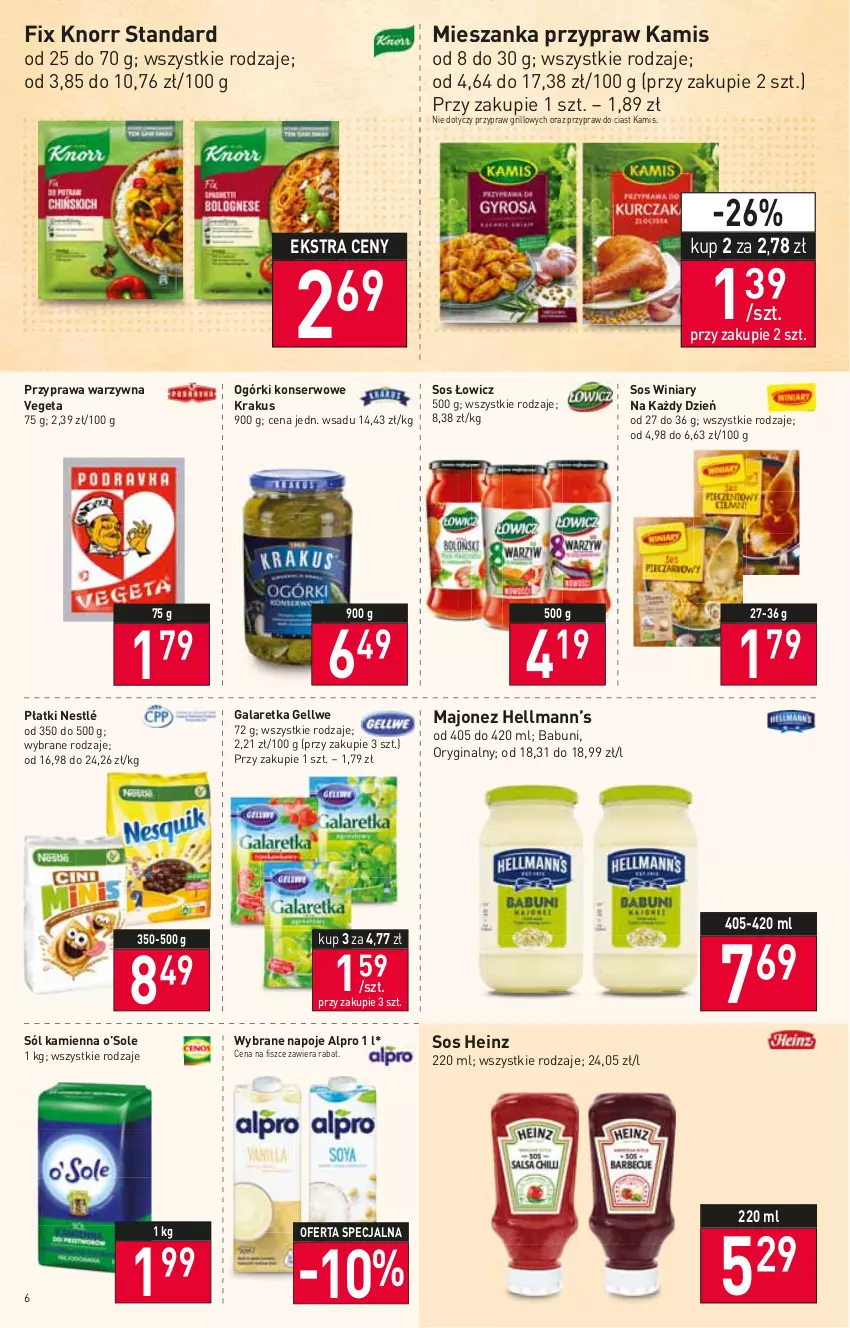 Gazetka promocyjna Stokrotka - Market - ważna 07.07 do 13.07.2022 - strona 6 - produkty: Alpro, Babuni, Gala, Galaretka, Gin, Grill, Heinz, Hellmann’s, Kamis, Knorr, Krakus, Majonez, Napoje, Nestlé, Ogórki konserwowe, Ser, Sól, Sos, Vegeta, Winiary