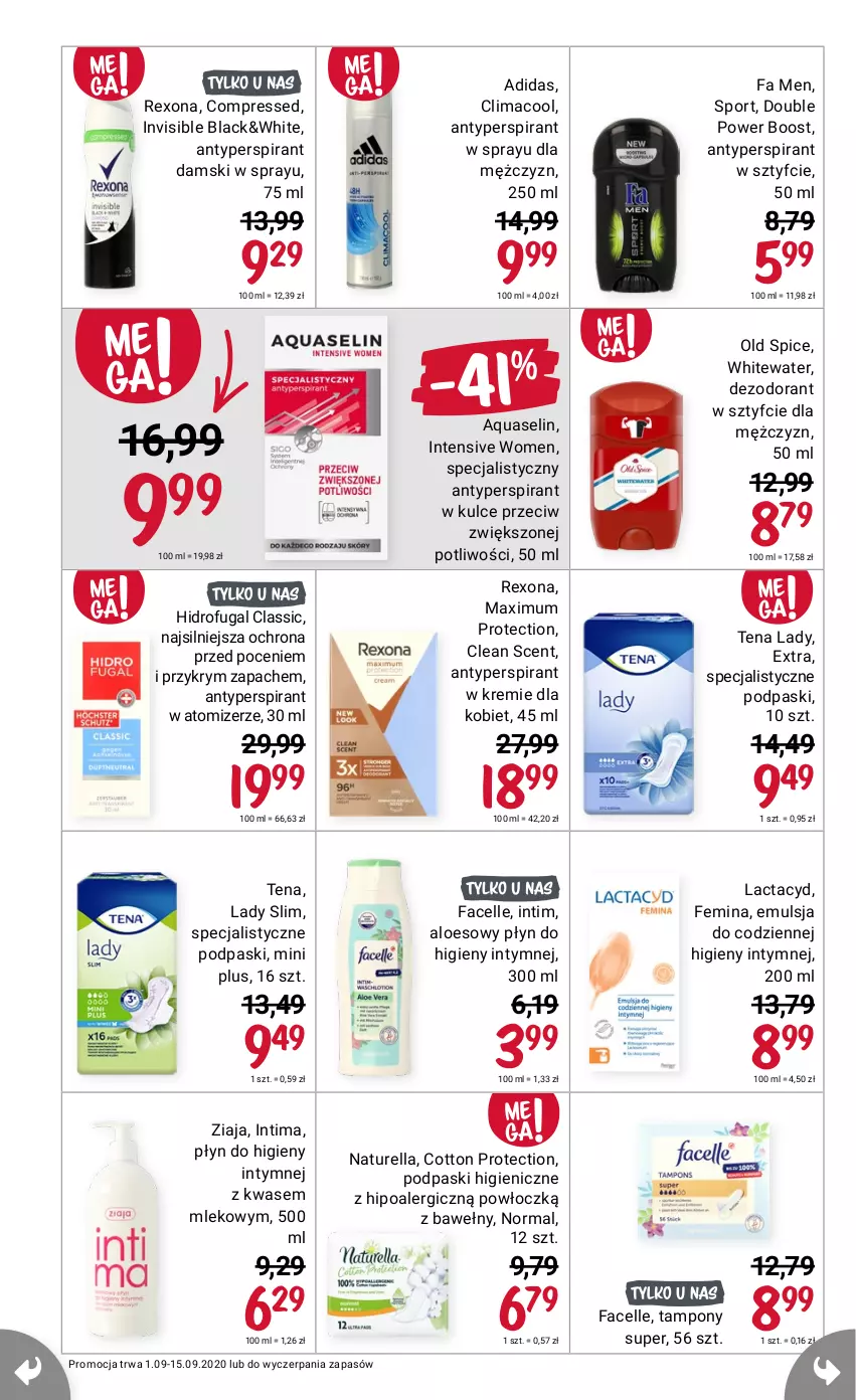 Gazetka promocyjna Rossmann - 1 Września - ważna 01.09 do 15.09.2021 - strona 16 - produkty: Adidas, Antyperspirant, Aquaselin, Dezodorant, Emulsja, Fa, Facelle, Lack, Lactacyd, Mleko, Naturell, Naturella, Old Spice, Podpaski, Por, Rexona, Sport, Tampony, Ziaja