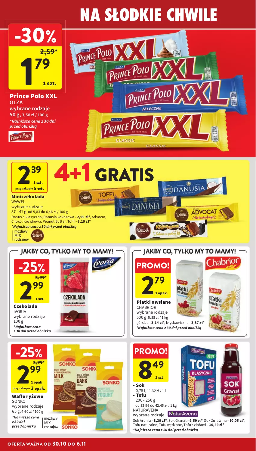 Gazetka promocyjna Intermarche - Gazetka Intermarche - ważna 30.10 do 06.11.2024 - strona 24 - produkty: Aronia, Chabrior, Czekolada, Gra, Granat, Kokos, Płatki owsiane, Prince Polo, Ryż, Sok, Sonko, Tofu, Wafle, Wawel