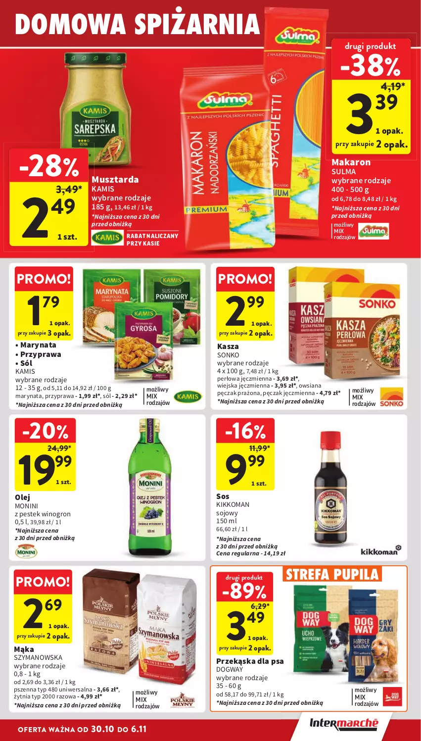 Gazetka promocyjna Intermarche - Gazetka Intermarche - ważna 30.10 do 06.11.2024 - strona 27 - produkty: Fa, Kamis, Kasza, Mąka, Makaron, Monini, Mus, Musztarda, Olej, Sól, Sonko, Sos, Stek, Wino