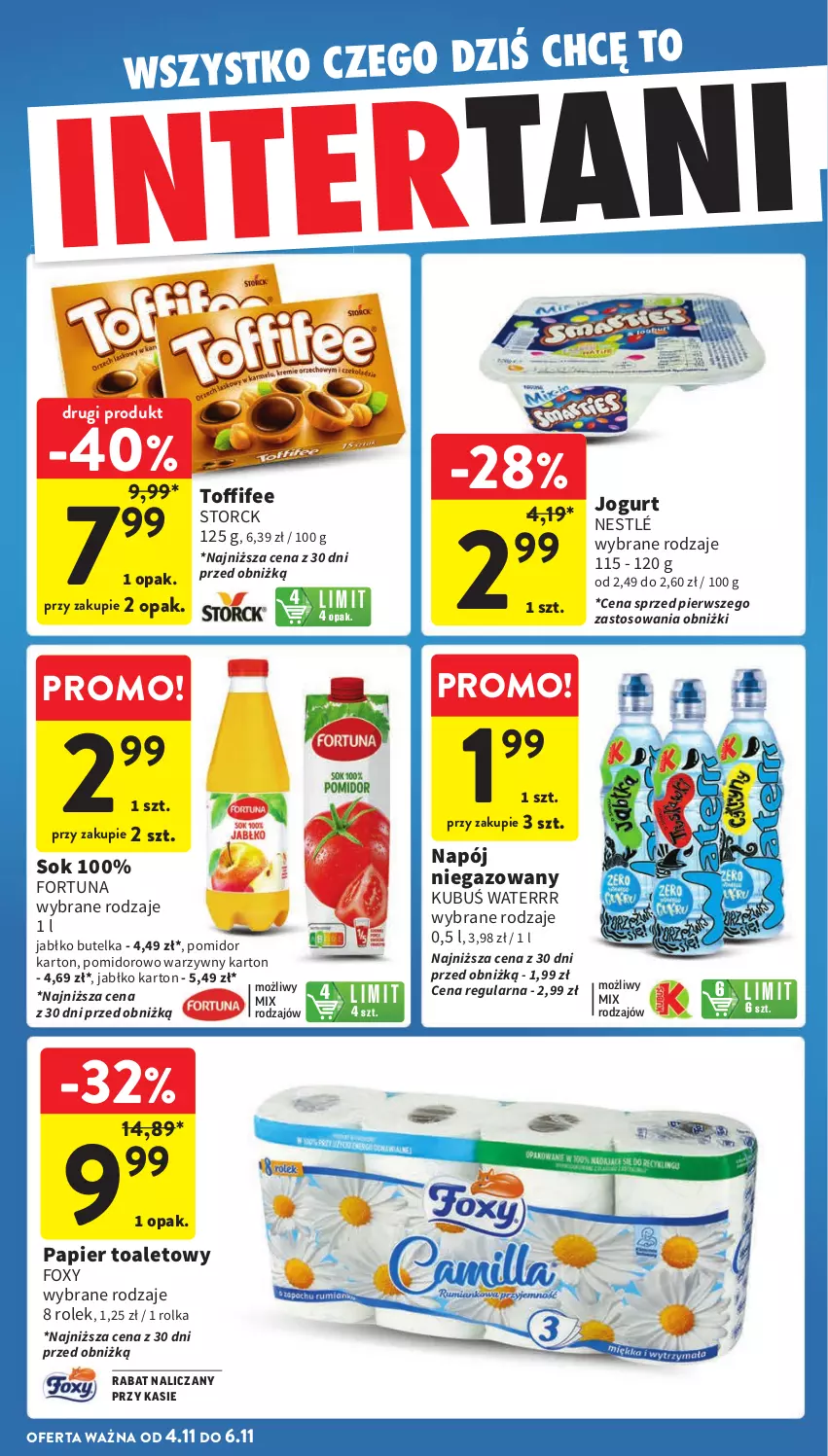 Gazetka promocyjna Intermarche - Gazetka Intermarche - ważna 30.10 do 06.11.2024 - strona 42 - produkty: Fortuna, Foxy, Jogurt, Kubuś, Kubuś Waterrr, Napój, Napój niegazowany, Nestlé, Papier, Papier toaletowy, Sok