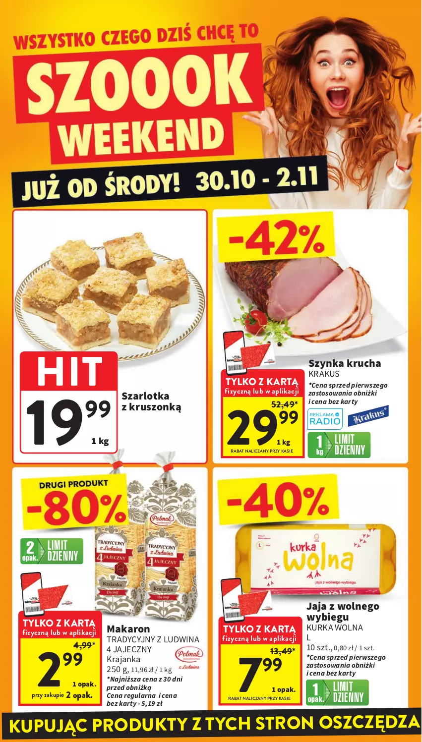 Gazetka promocyjna Intermarche - Gazetka Intermarche - ważna 30.10 do 06.11.2024 - strona 6 - produkty: Jaja, Jaja z wolnego wybiegu, Krakus, Makaron, Szarlotka, Szynka