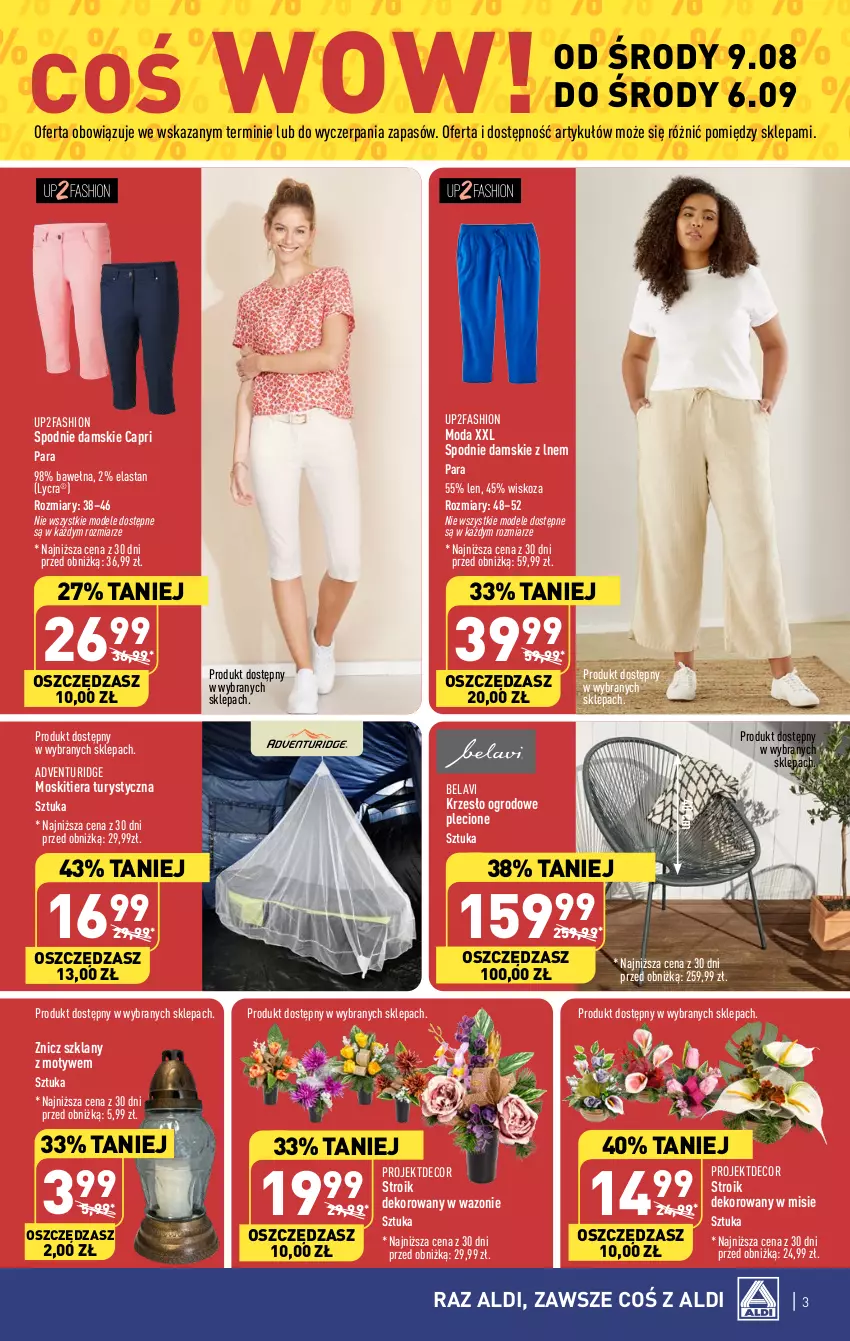 Gazetka promocyjna Aldi - Artykuły przemysłowe i tekstylia - ważna 09.08 do 12.08.2023 - strona 3 - produkty: Fa, Krzesło, Krzesło ogrodowe, Moda, Spodnie, Wazon, Wełna, Znicz