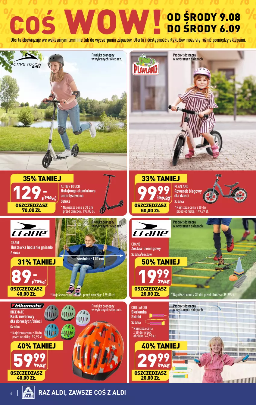 Gazetka promocyjna Aldi - Artykuły przemysłowe i tekstylia - ważna 09.08 do 12.08.2023 - strona 4 - produkty: Dzieci, Hulajnoga, Huśtawka, Kask, Rower, Rowerek