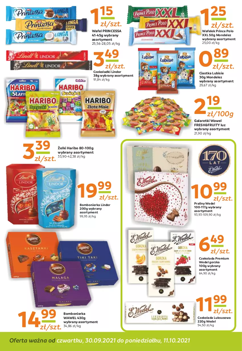 Gazetka promocyjna Gama - Gazetka Gama - ważna 30.09 do 11.10.2021 - strona 4 - produkty: Ciastka, Czekolada, Gala, Galaretki, Haribo, Lindor, Lubisie, Praliny, Prince Polo, Princessa, Wafelek, Wawel