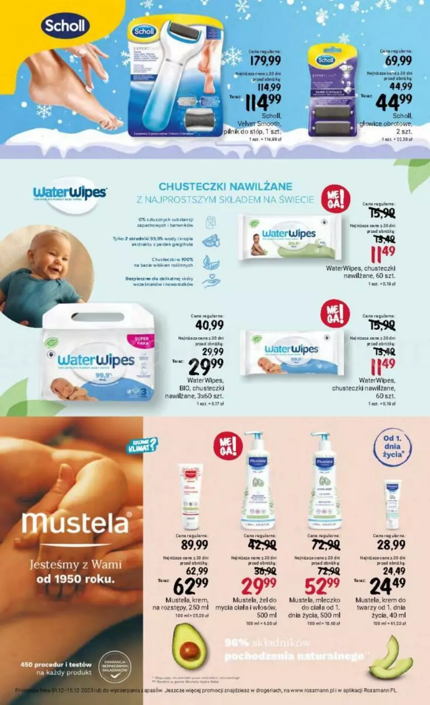 Gazetka promocyjna Rossmann - ważna 01.12 do 15.12.2023 - strona 20 - produkty: Chusteczki, Mleczko, Mus, Mustela, Pilnik, Scholl, Stek, Velvet