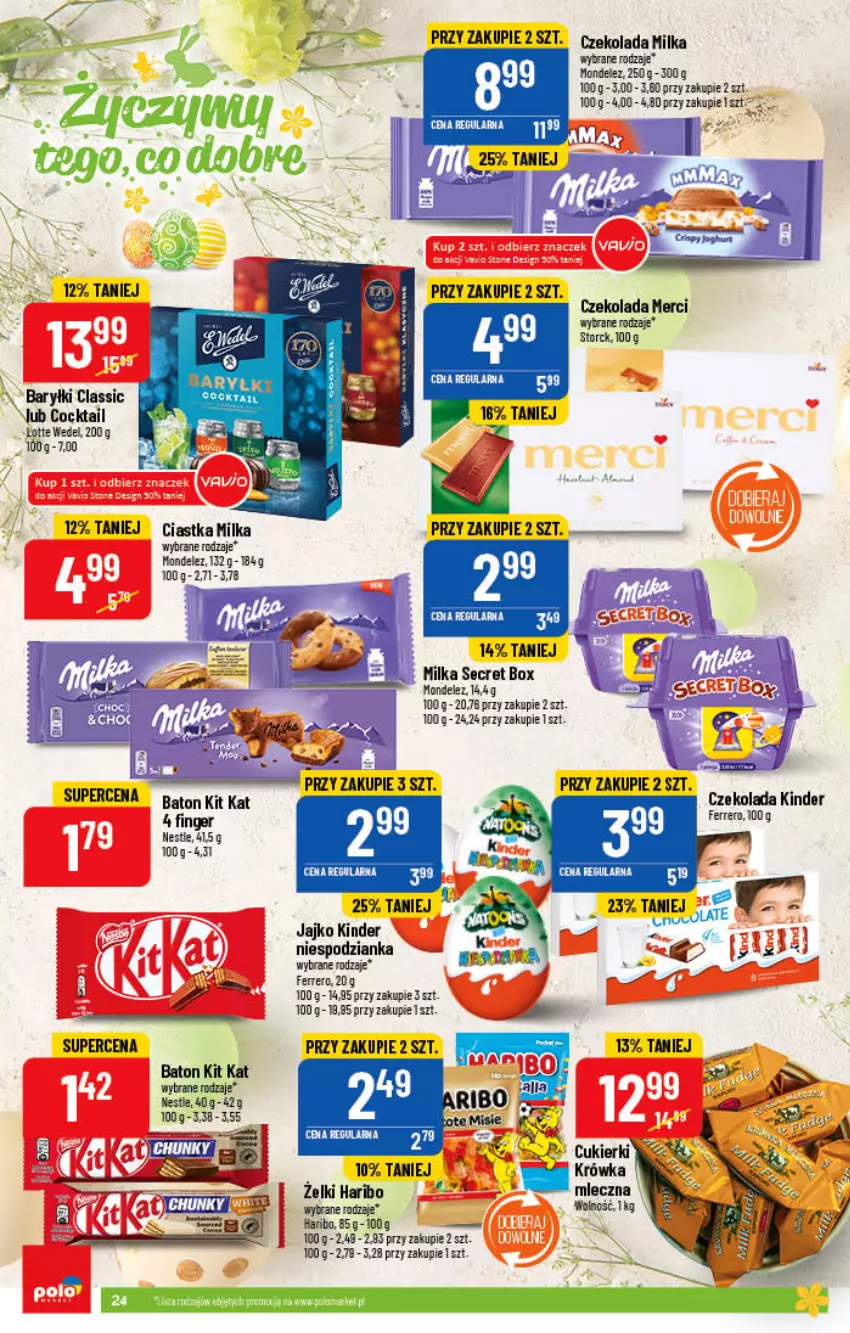 Gazetka promocyjna PoloMarket - Gazetka pomocyjna - ważna 13.04 do 19.04.2022 - strona 24 - produkty: Baton, Ciastka, Czekolada, Ferrero, Haribo, Kinder, Kit Kat, Merci, Milka