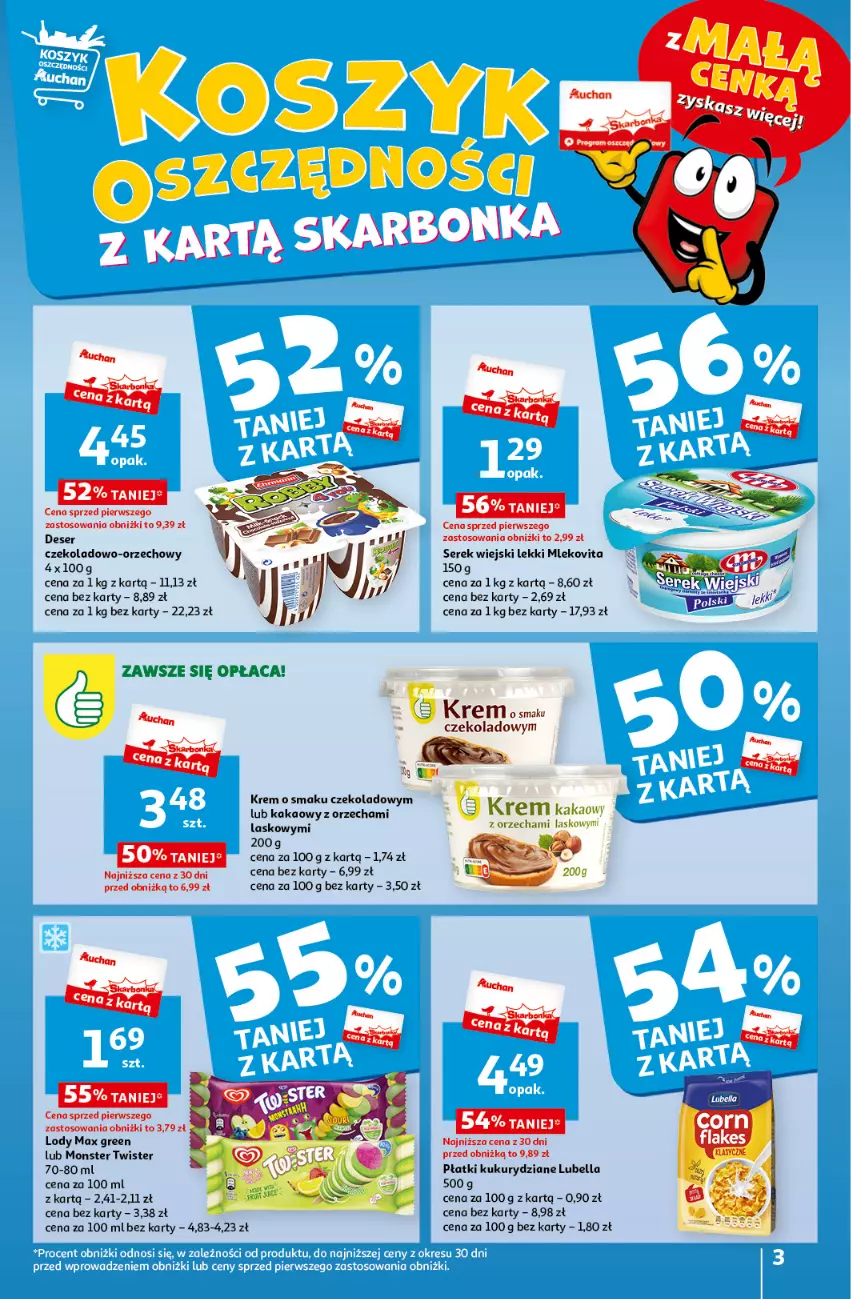 Gazetka promocyjna Auchan - Gazetka z MAŁĄ CENKĄ dźwigniesz więcej! Moje Auchan - ważna 29.02 do 06.03.2024 - strona 3 - produkty: Bell, Bella, Deser, Kakao, Kosz, Lody, Lubella, Mleko, Mlekovita, Ser, Serek, Serek wiejski