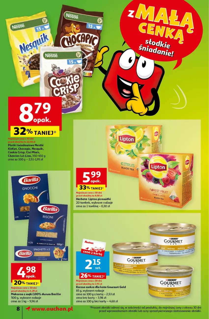 Gazetka promocyjna Auchan - Gazetka z MAŁĄ CENKĄ dźwigniesz więcej! Moje Auchan - ważna 29.02 do 06.03.2024 - strona 8 - produkty: Barilla, Cheerios, Cini Minis, Danio, Gourmet Gold, Herbata, Lion, Lipton, Makaron, Nesquik, Rum, Tuńczyk