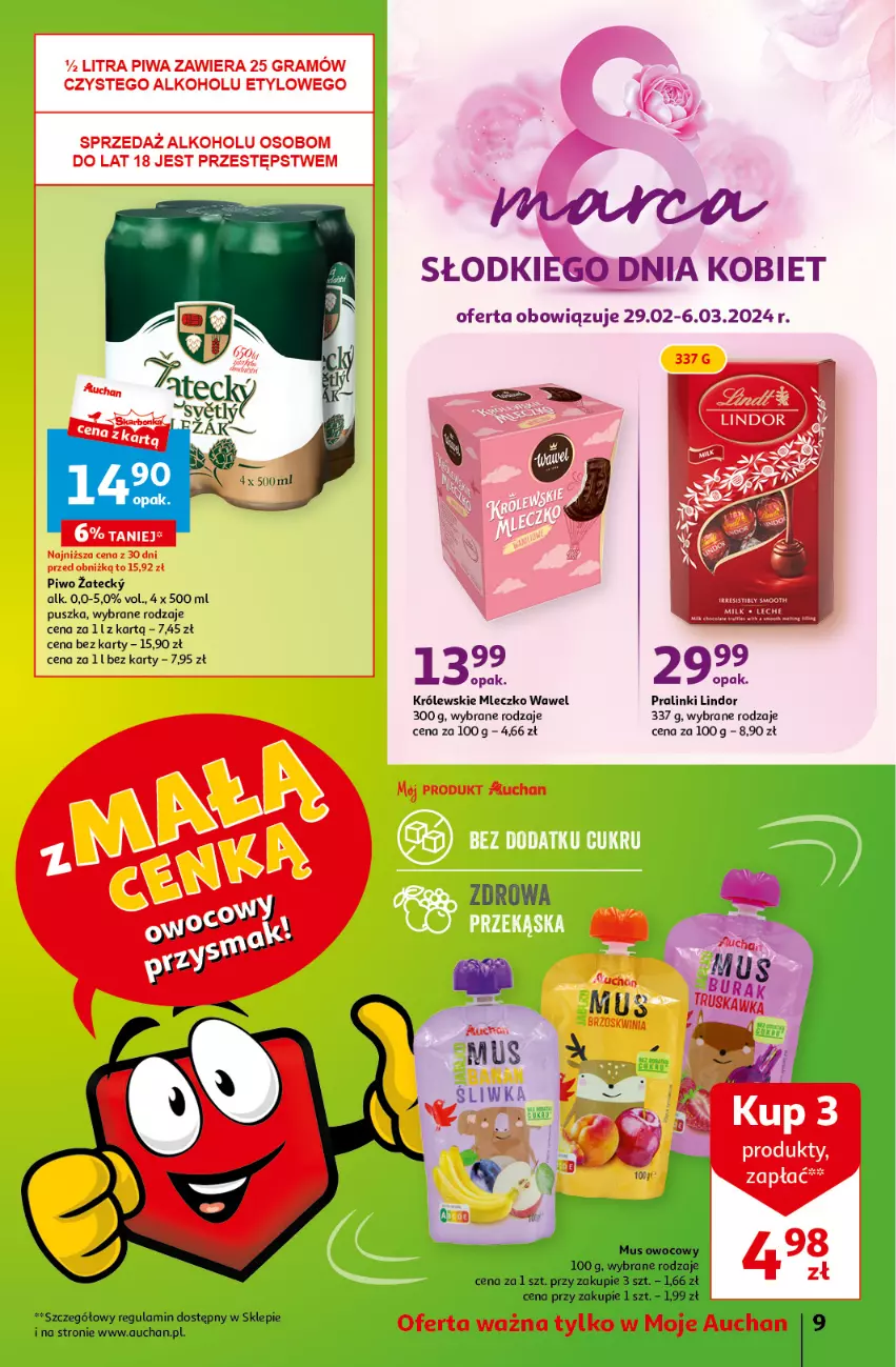 Gazetka promocyjna Auchan - Gazetka z MAŁĄ CENKĄ dźwigniesz więcej! Moje Auchan - ważna 29.02 do 06.03.2024 - strona 9 - produkty: Gra, Królewski, Królewskie Mleczko, Lindor, Mleczko, Mus, Piwa, Piwo, Wawel