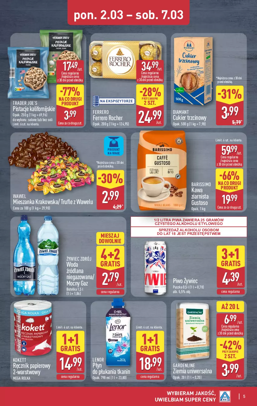 Gazetka promocyjna Aldi - Oferta weekendowa - ważna 05.03 do 07.03.2026 - strona 5 - produkty: Cukier, Cukier trzcinowy, Diamant, Ferrero, Ferrero Rocher, Gra, Kawa, Kawa ziarnista, LANA, Lenor, Papier, Pistacje, Piwa, Piwo, Płyn do płukania, Ręcznik, Wawel, Woda