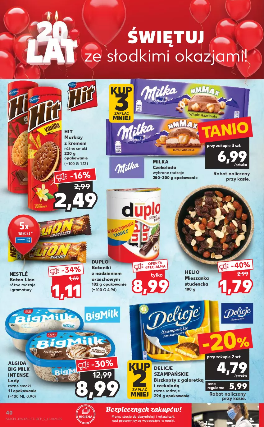 Gazetka promocyjna Kaufland - OFERTA TYGODNIA - ważna 28.10 do 03.11.2021 - strona 40 - produkty: Algida, Baton, Big Milk, Biszkopty, Czekolada, Delicje, Gala, Gra, Helio, LG, Lion, Lody, Mieszanka studencka, Milka, Nestlé, Piec, Rama, Tonik