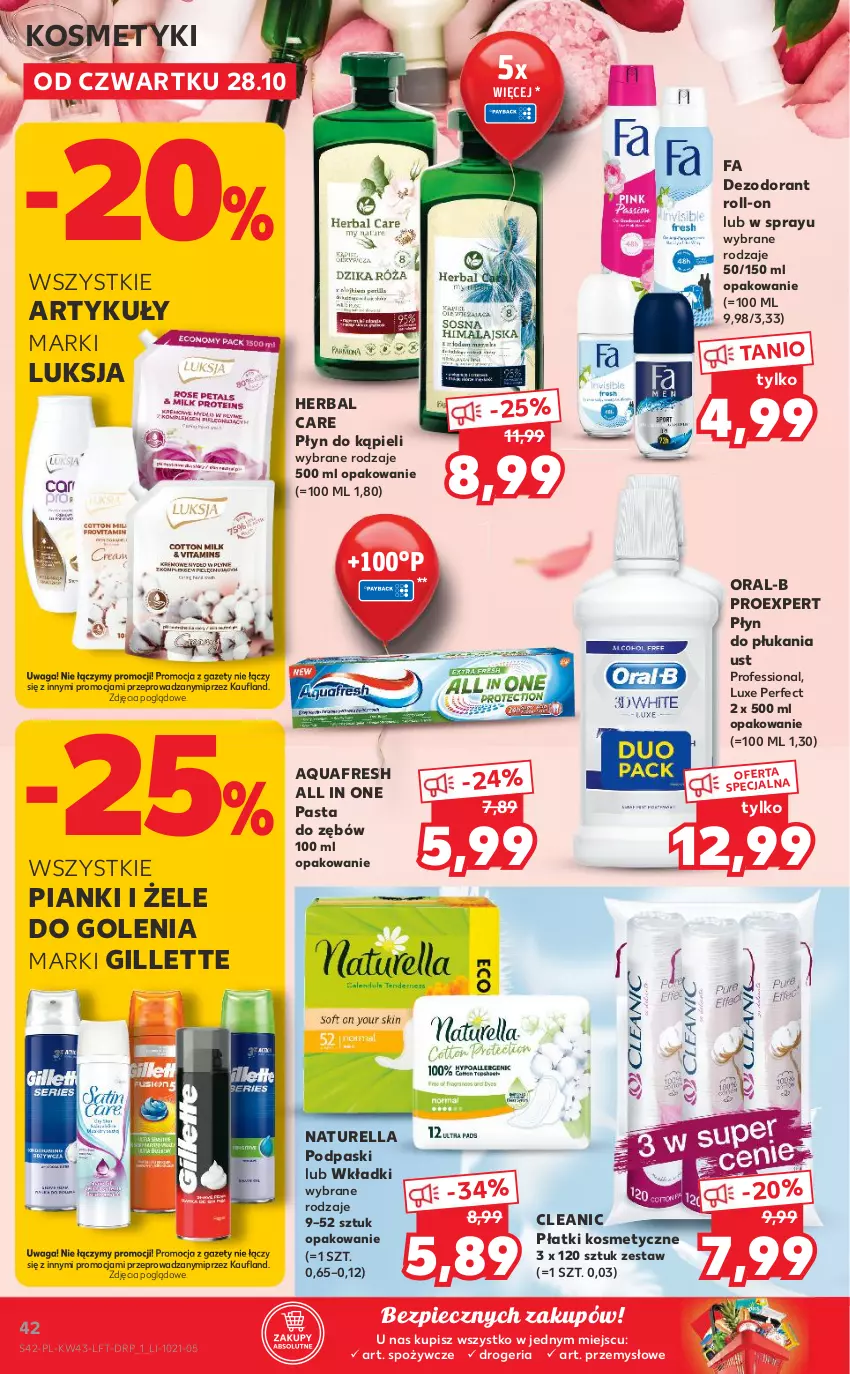 Gazetka promocyjna Kaufland - OFERTA TYGODNIA - ważna 28.10 do 03.11.2021 - strona 42 - produkty: Aquafresh, Cleanic, Dezodorant, Fa, Gillette, Luksja, Naturell, Naturella, Pasta do zębów, Piec, Płatki kosmetyczne, Płyn do kąpieli, Płyn do płukania, Podpaski, Waga, Wkładki