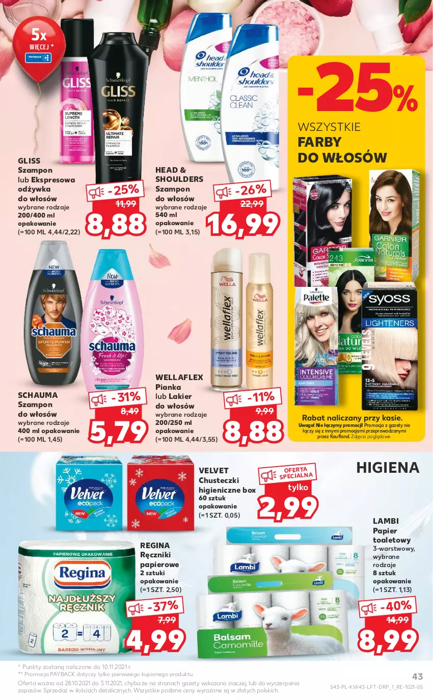 Gazetka promocyjna Kaufland - OFERTA TYGODNIA - ważna 28.10 do 03.11.2021 - strona 43 - produkty: Chusteczki, Fa, Gin, Lakier, Lakier do włosów, Odżywka, Papier, Papier toaletowy, Ręcznik, Ręczniki papierowe, Schauma, Szampon, Velvet, Waga, Wella, Wellaflex