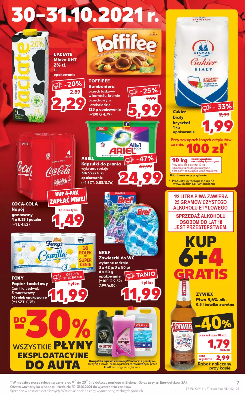 Gazetka promocyjna Kaufland - OFERTA TYGODNIA - ważna 28.10 do 03.11.2021 - strona 7 - produkty: Ariel, Bomboniera, Bref, Coca-Cola, Cukier, Foxy, Gra, Kapsułki do prania, Mleko, Napój, Napój gazowany, Papier, Papier toaletowy, Piwa, Piwo, Toffifee, Waga, Zawieszki