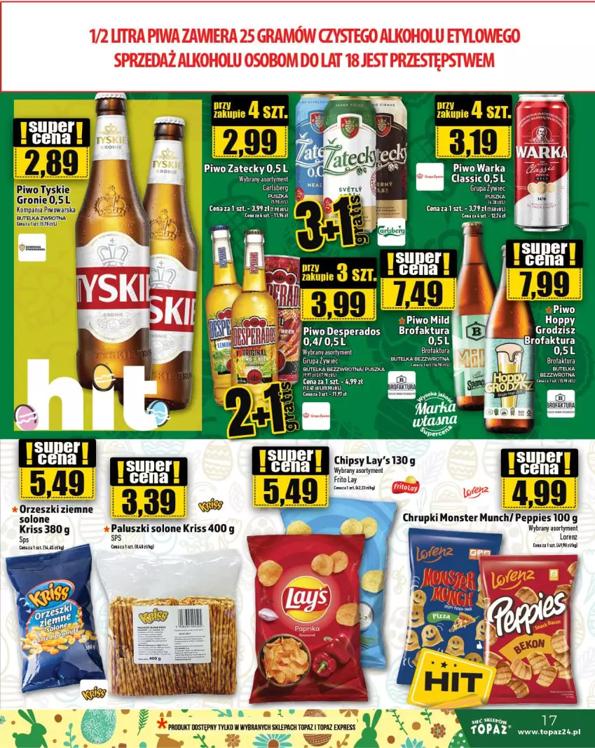 Gazetka promocyjna Topaz - Gazetka - ważna 28.03 do 03.04.2024 - strona 17 - produkty: Carlsberg, Chipsy, Chrupki, Desperados, Fa, K2, Lorenz, Monster Munch, Piwo, Top, Tyskie, Warka