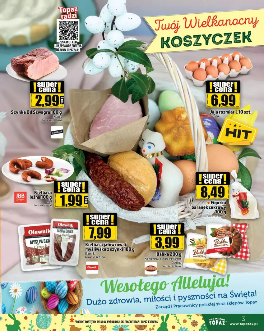 Gazetka promocyjna Topaz - Gazetka - ważna 28.03 do 03.04.2024 - strona 3 - produkty: Babka, Jaja, Kiełbasa, Olewnik, Top