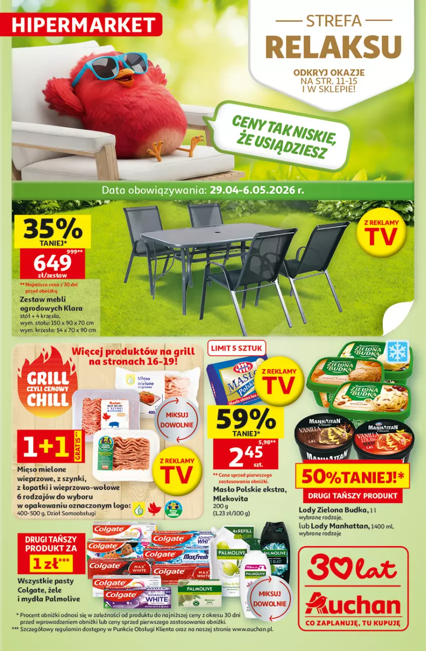 Gazetka promocyjna Auchan - Gazetka 30 Lat Hipermarket Auchan - ważna 29.04 do 06.05.2026 - strona 1 - produkty: Colgate, Fa, Grill, LG, Lody, Masło, Mięso, Mięso mielone, Mleko, Mlekovita, Palmolive, Stół