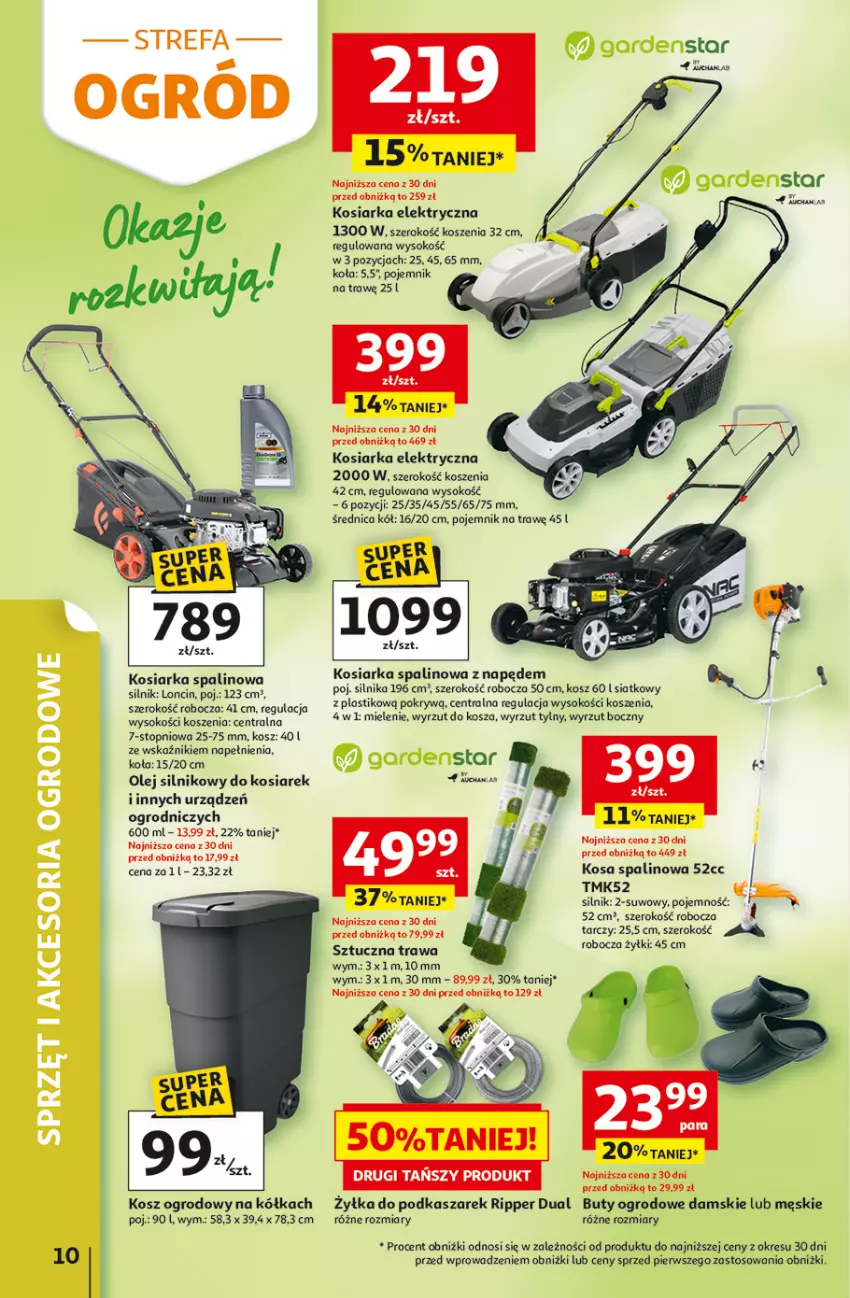Gazetka promocyjna Auchan - Gazetka 30 Lat Hipermarket Auchan - ważna 29.04 do 06.05.2026 - strona 10 - produkty: Buty, Buty ogrodowe, Fa, Kasza, Kosiarka, Kosiarka spalinowa z napędem, Kosz, Ogród, Olej, Olej silnikowy, Pojemnik, Sok, Top