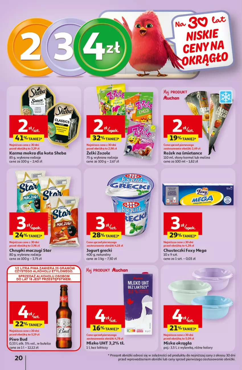 Gazetka promocyjna Auchan - Gazetka 30 Lat Hipermarket Auchan - ważna 29.04 do 06.05.2026 - strona 20 - produkty: Chrupki, Chusteczki, Foxy, Gra, Jogurt, Miska, Mleko, Piwa, Piwo, Sheba