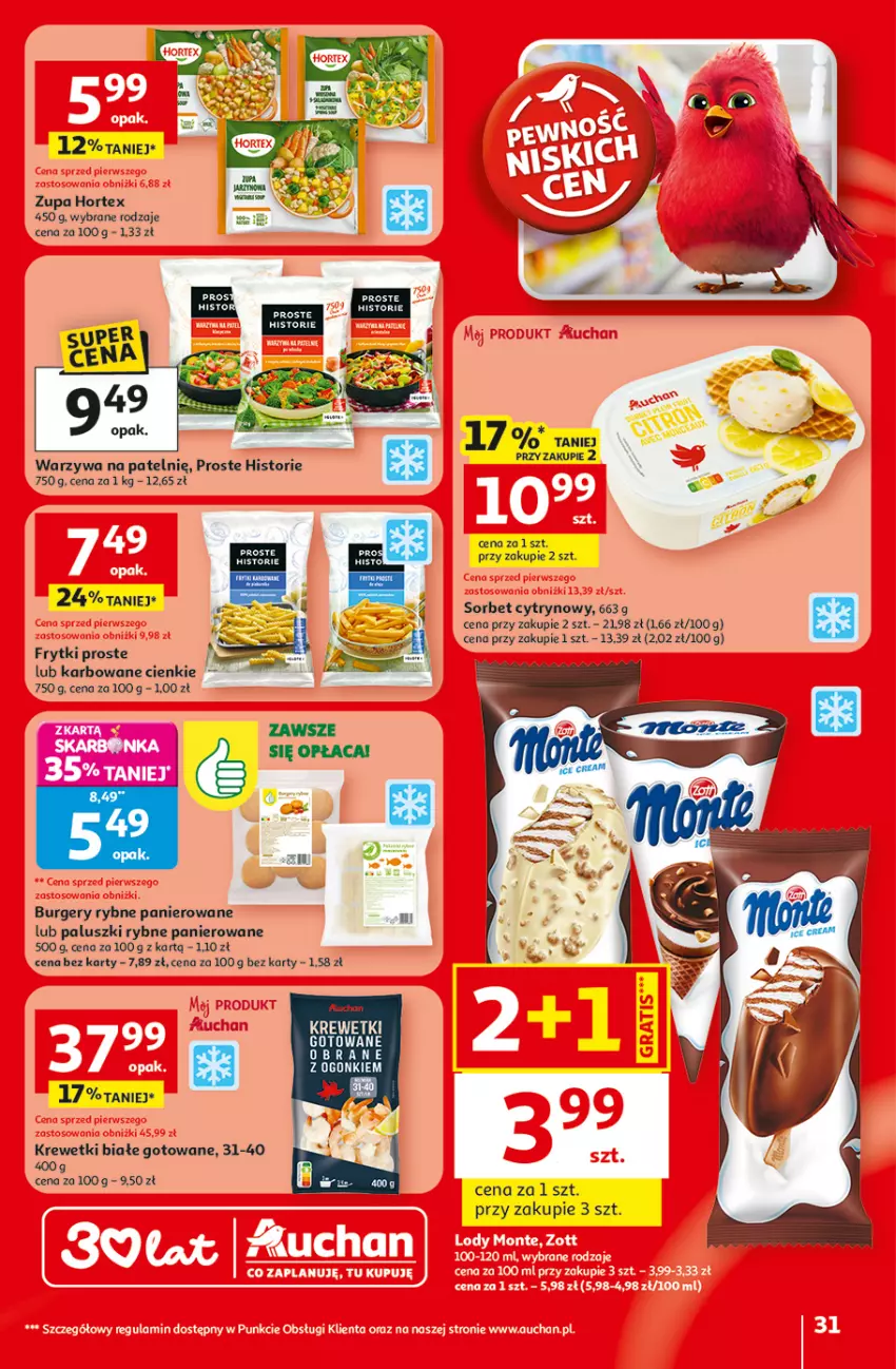 Gazetka promocyjna Auchan - Gazetka 30 Lat Hipermarket Auchan - ważna 29.04 do 06.05.2026 - strona 31 - produkty: Burger, Frytki, Hortex, Krewetki, Paluszki rybne, Warzywa, Warzywa na patelnie, Zupa