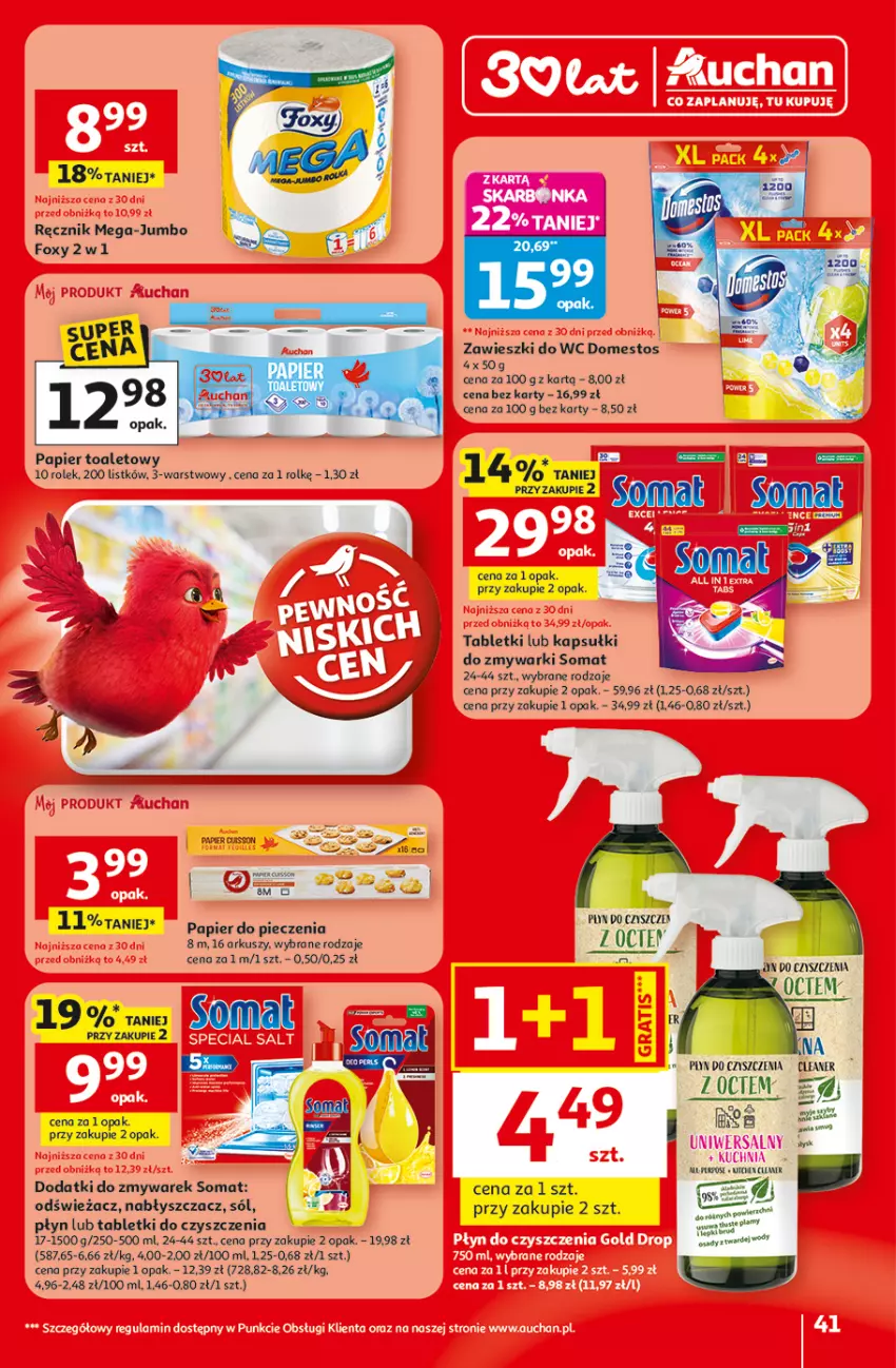 Gazetka promocyjna Auchan - Gazetka 30 Lat Hipermarket Auchan - ważna 29.04 do 06.05.2026 - strona 41 - produkty: Domestos, Fa, Foxy, Papier, Papier do pieczenia, Papier toaletowy, Piec, Ręcznik, Sól, Somat, Tablet, Zawieszki, Zmywarki