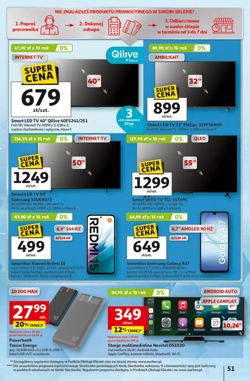 Gazetka promocyjna Auchan - Gazetka 30 Lat Hipermarket Auchan - ważna 29.04 do 06.05.2026 - strona 51 - produkty: Acer, Amol, Bateria, Fa, Gala, Gra, Kabel USB, Kamera, LED TV, Navitel, Philips, Powerbank, Samsung, Smartfon