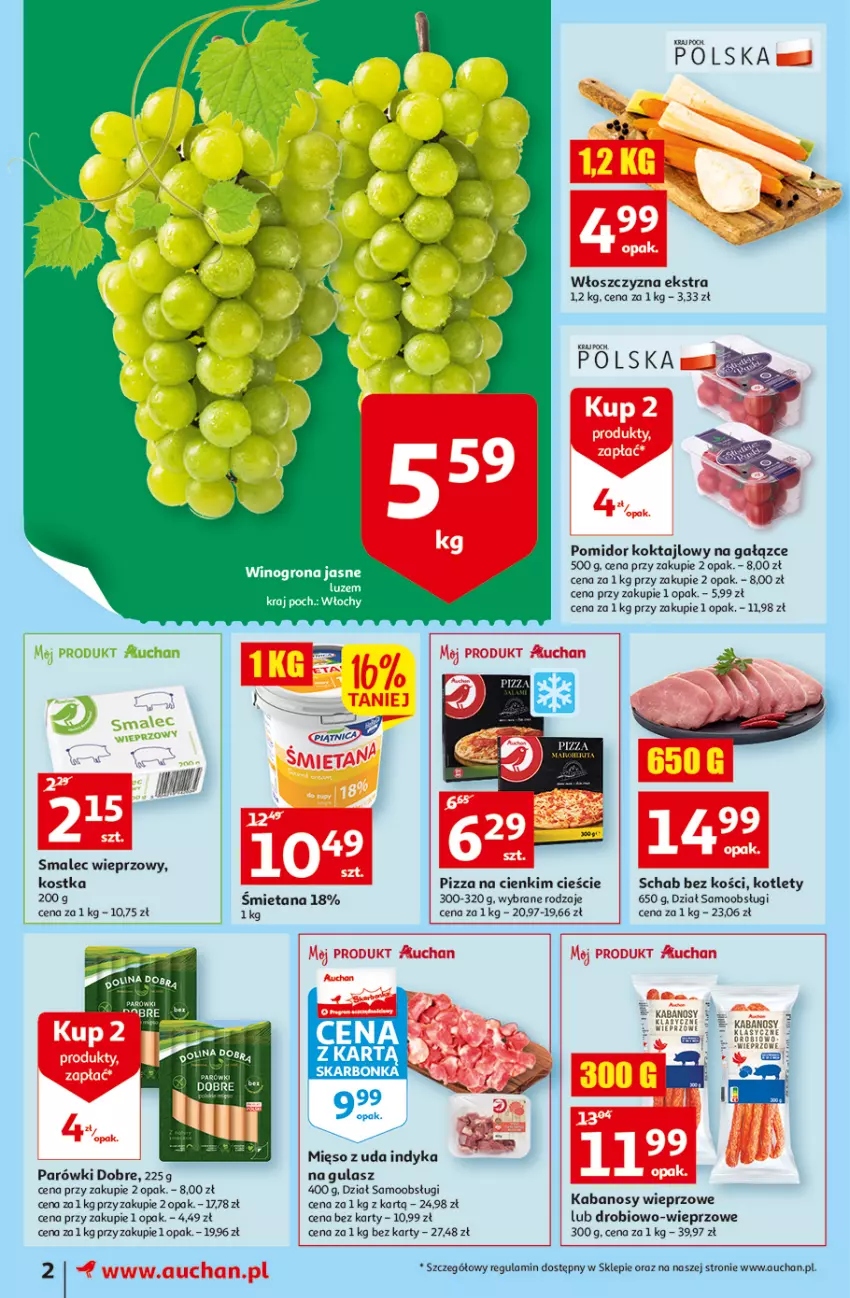 Gazetka promocyjna Auchan - Tygodniowe przeNISKIE CENY 08.09 Moje Auchan - ważna 15.09 do 21.09.2022 - strona 2 - produkty: Fa, Kabanos, Kotlet, Mięso, Parówki, Pizza, Schab bez kości, Smalec, Wino, Winogrona