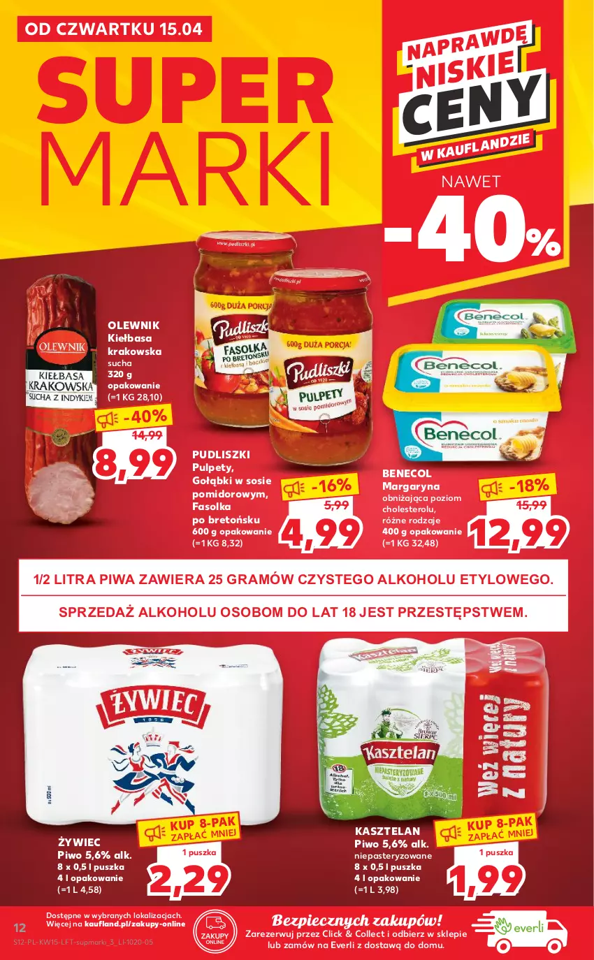 Gazetka promocyjna Kaufland - OFERTA TYGODNIA - ważna 15.04 do 21.04.2021 - strona 12 - produkty: Benecol, Fa, Gra, Kasztelan, Kiełbasa, Kiełbasa krakowska, Margaryna, Olewnik, Piec, Piwa, Piwo, Pudliszki, Pulpety, Sos