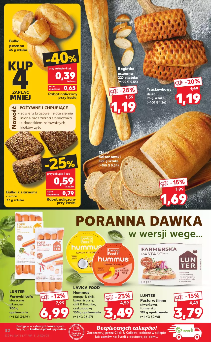 Gazetka promocyjna Kaufland - OFERTA TYGODNIA - ważna 15.04 do 21.04.2021 - strona 32 - produkty: Bagietka, Bagietka pszenna, Bułka, Chleb, Fa, Hummus, Kokos, Limonka, Mango, Mus, Parówki, Piec, Por, Tofu