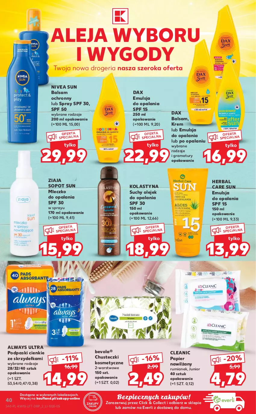 Gazetka promocyjna Kaufland - OFERTA TYGODNIA - ważna 15.04 do 21.04.2021 - strona 40 - produkty: Always, Always Ultra, Chusteczki, Chusteczki kosmetyczne, Cleanic, DAX, Emulsja, Gra, Mleczko, Nivea, Olej, Papier, Piec, Podpaski, Rama, Rum, Ziaja