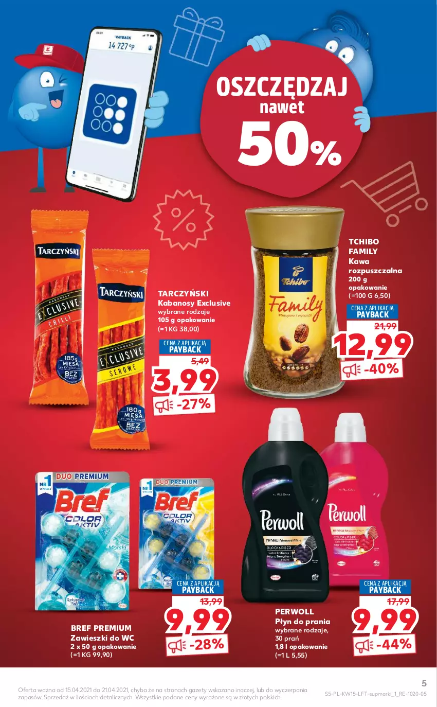 Gazetka promocyjna Kaufland - OFERTA TYGODNIA - ważna 15.04 do 21.04.2021 - strona 5 - produkty: Bref, Fa, Kabanos, Kawa, Kawa rozpuszczalna, Perwoll, Płyn do prania, Tarczyński, Tchibo, Tchibo Family, Zawieszki