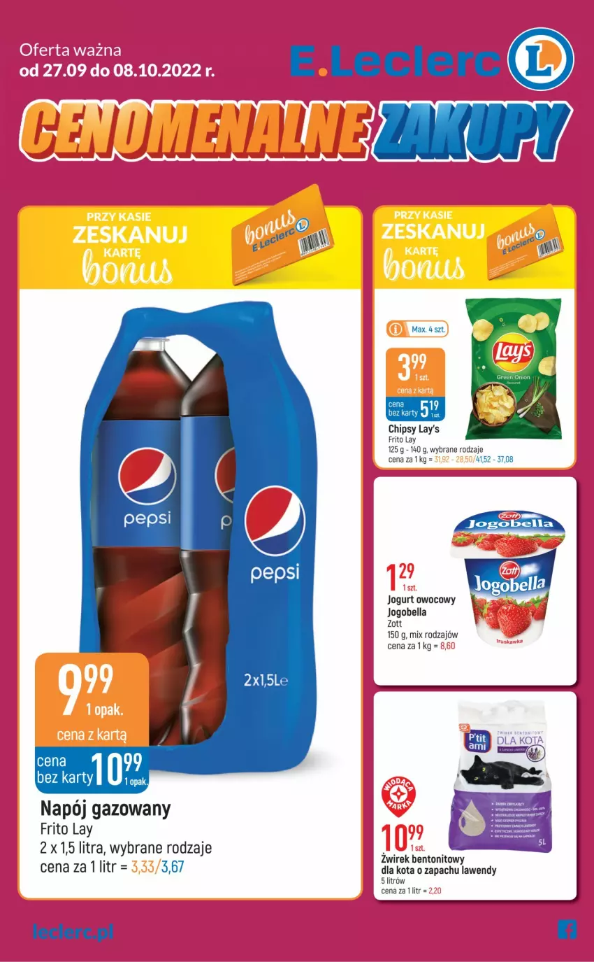 Gazetka promocyjna E Leclerc - ważna 27.09 do 08.10.2022 - strona 1 - produkty: Bell, Bella, Chipsy, Jogobella, Jogurt, Jogurt owocowy, Napój, Napój gazowany, Zott