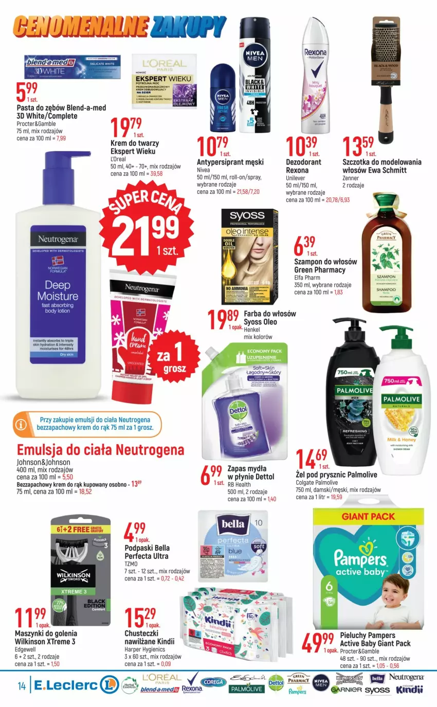 Gazetka promocyjna E Leclerc - ważna 27.09 do 08.10.2022 - strona 14 - produkty: Bell, Bella, Blend-a-Med, Chusteczki, Colgate, Dettol, Dezodorant, Emulsja, Ewa Schmitt, Fa, Green pharmacy, Kindii, Krem do rąk, Krem do twarzy, LG, Mars, Neutrogena, Palmolive, Pampers, Panda, Pasta do zębów, Perfecta, Pieluchy, Podpaski, Rexona, Syoss, Szampon, Szczotka