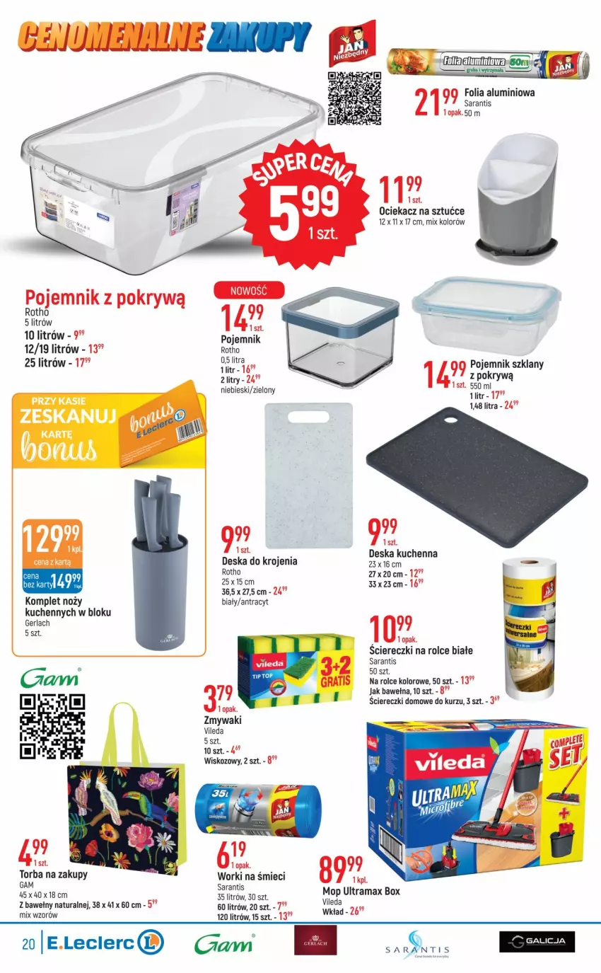 Gazetka promocyjna E Leclerc - ważna 27.09 do 08.10.2022 - strona 20 - produkty: Deska do krojenia, Folia aluminiowa, Mop, Noż, Ociekacz, Ociekacz na sztućce, Pojemnik, Pojemnik szklany, Rama, Vileda, Wełna, Worki na śmiec, Worki na śmieci