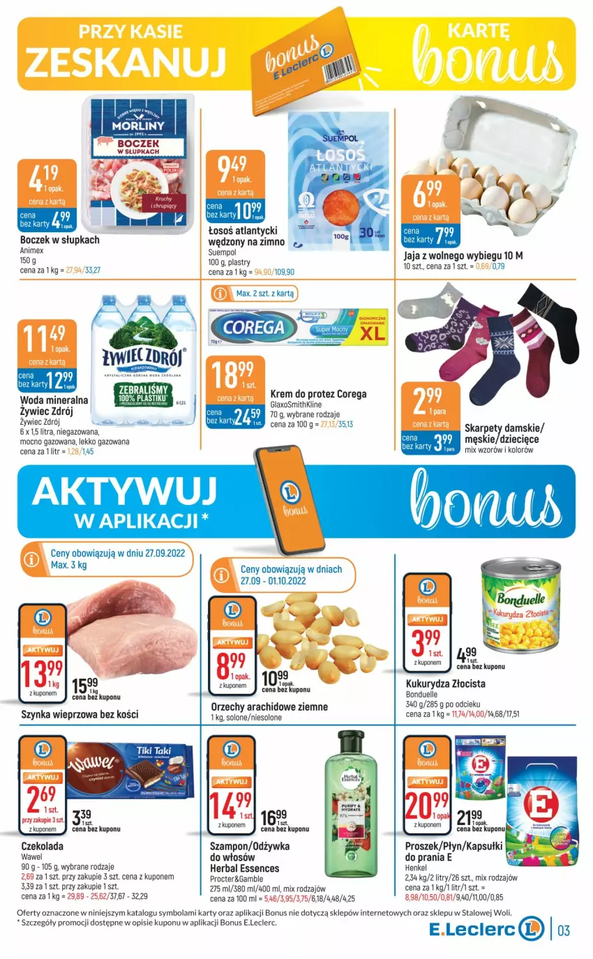 Gazetka promocyjna E Leclerc - ważna 27.09 do 08.10.2022 - strona 3 - produkty: Boczek, Bonduelle, Corega, Czekolada, Dzieci, Jaja, Jaja z wolnego wybiegu, Karp, Kukurydza, Pur, Szampon, Wawel, Woda, Woda mineralna